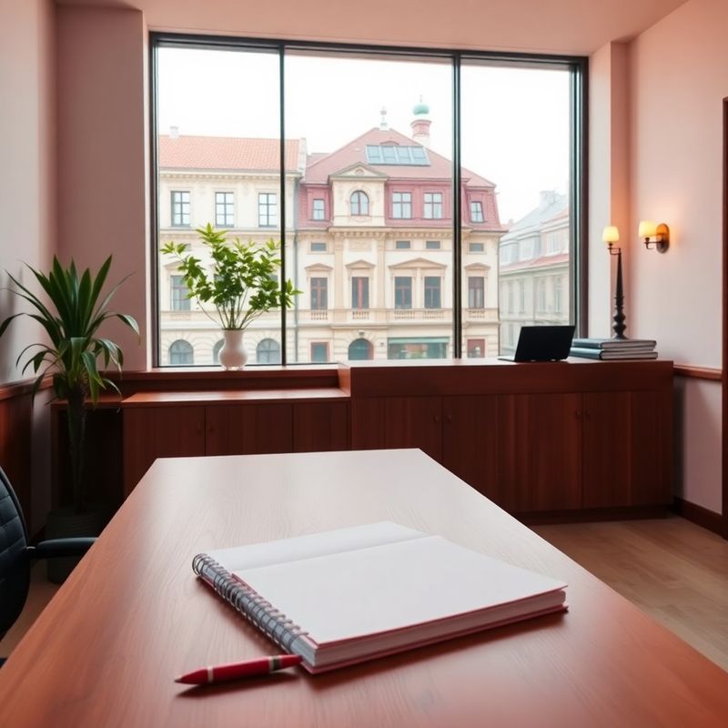 Minimalistická rose-warm recepce redakce s dřevěným stolem a výhledem na Zlín